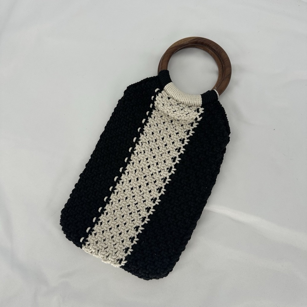LAUDE THE LABEL Gabby Cotton‎ Macrame Bag Black & White Boho Coastal Resortwear - Picture 3 of 8